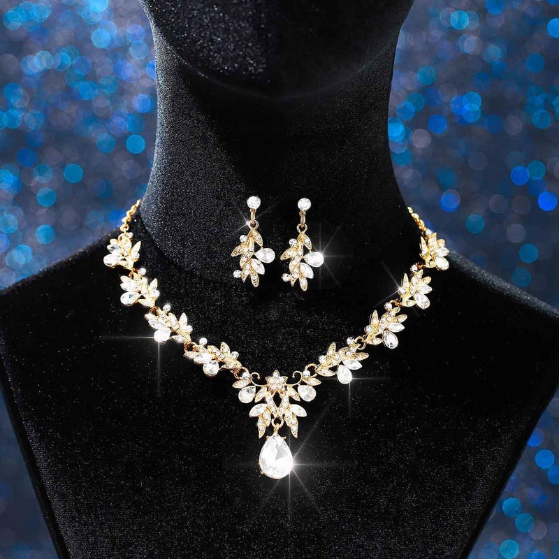 Brishow Green Necklace and Earring Set Rhinestone Formal Wedding Jewelry Sets for Women - Image 4